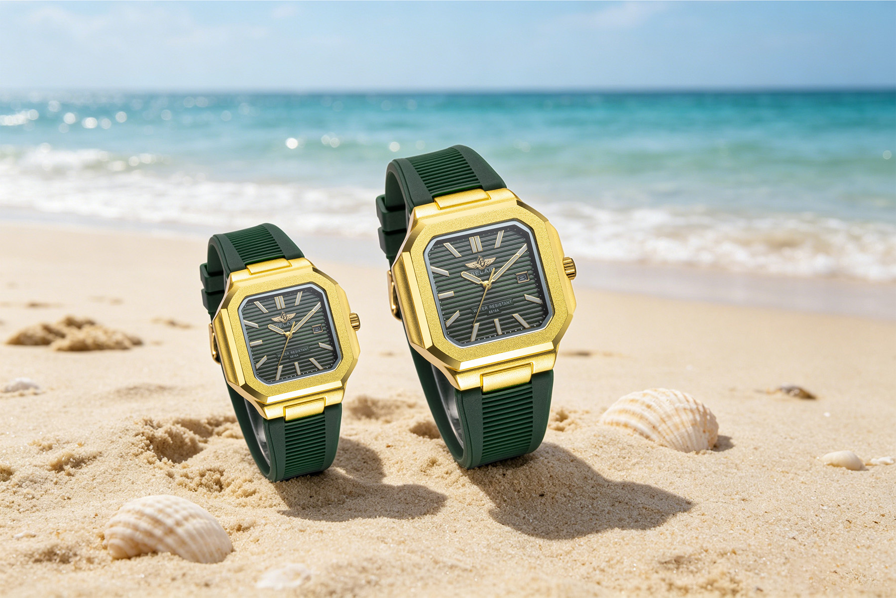 BELAIR B6816A PU gold green leather men watch